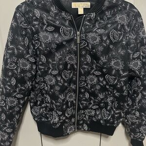 Floral Michael Kors Black and White Bomber leather Jacket